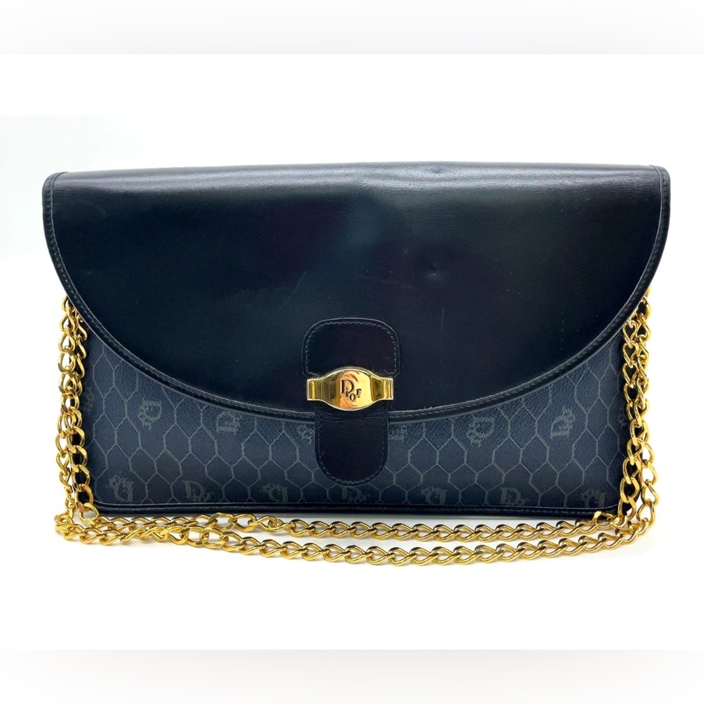Christian Dior Honeycomb PVC Leather Navy Chain Shoulder Bag authentic